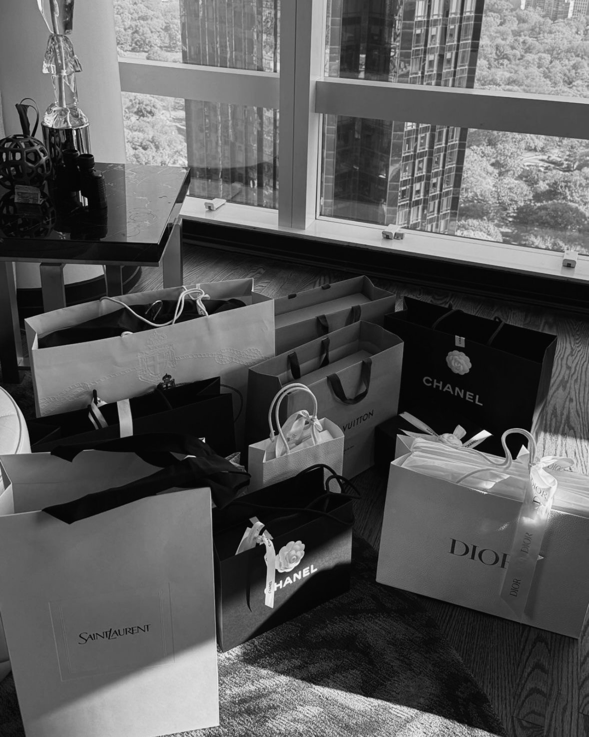 Luxury shopping bags arranged by a window for lifestyle management planning