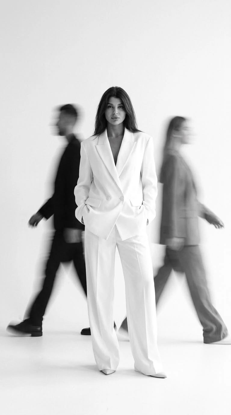 A woman in a white tailored suit with two blurred figures walking behind her
